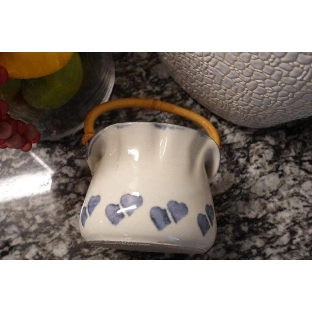 Vintage Blue White Pottery basket with bamboo handle blue hearts Janet Rodriguez